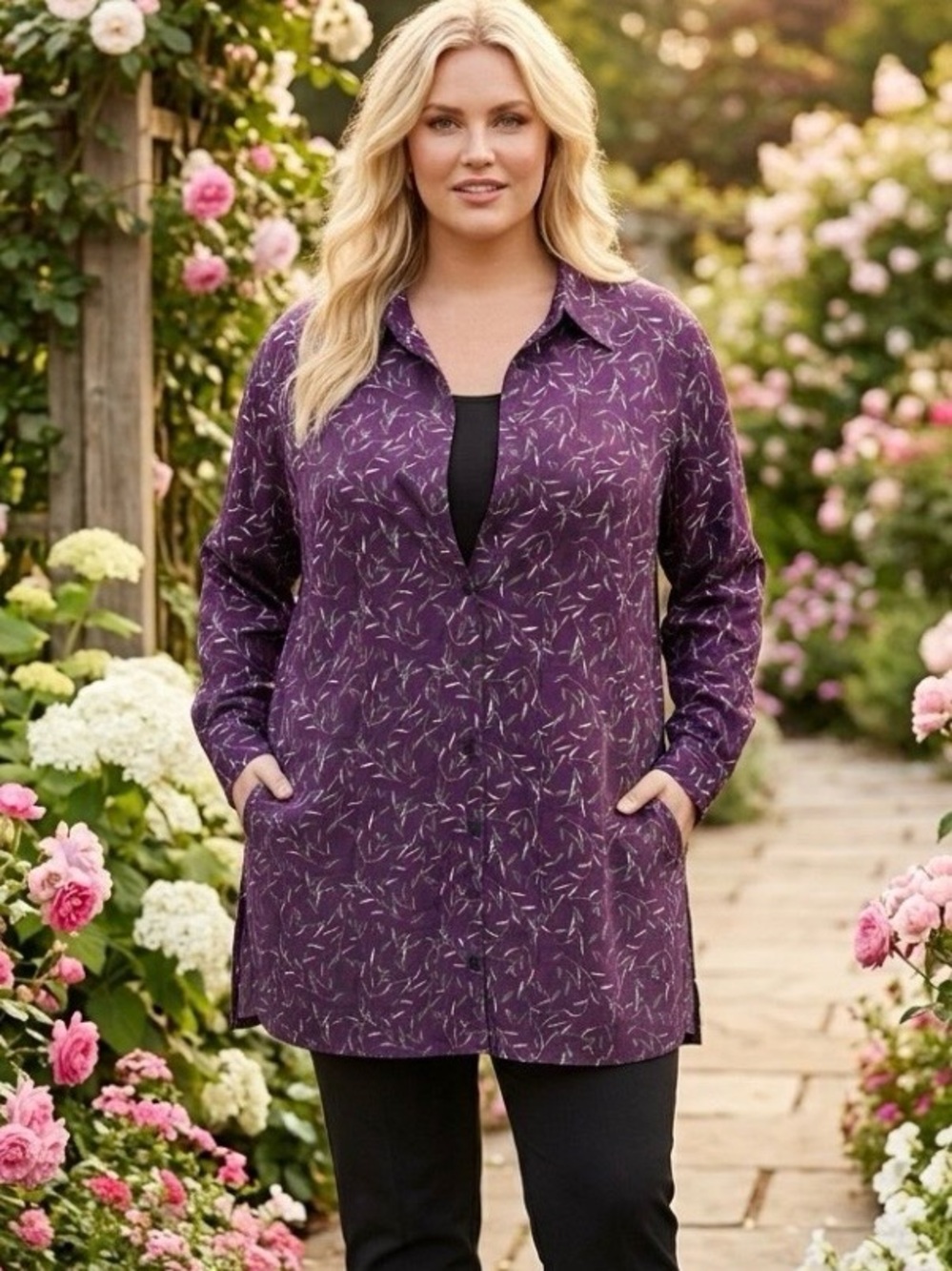 White Stag Purple Printed Button-Front Tunic Blouse With Attached Black Shell